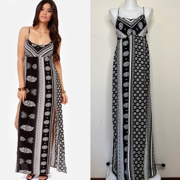 O'Neill Casty Maxi Dress Ivory Black Boho Beachy Strappy Sz L - Picture 1 of 16